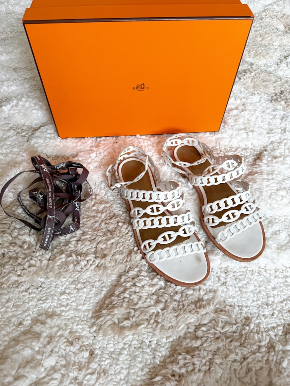 Hermes Kalliste white leather chain d’ancre ankle strap sandals 35.5